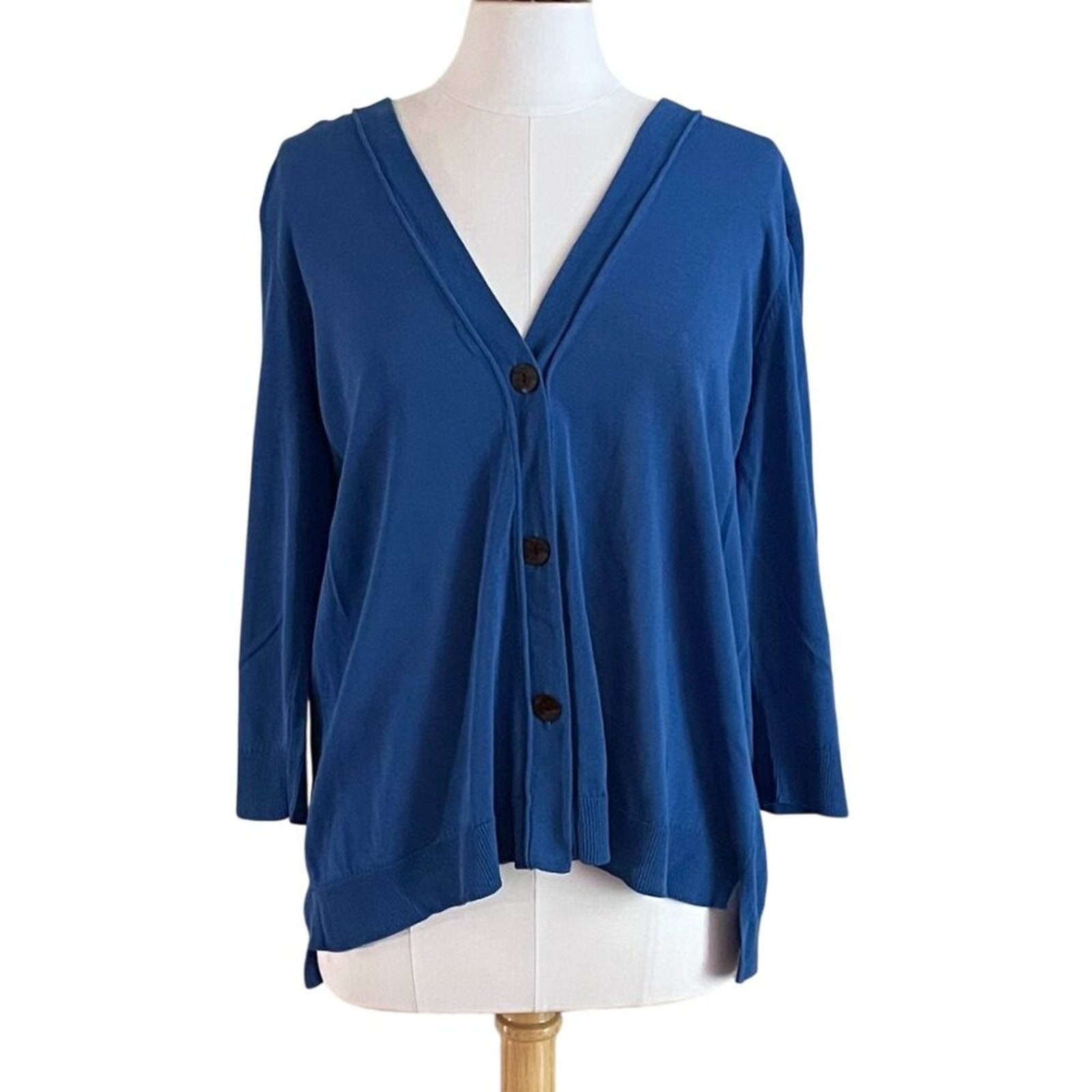 Chico's Cobalt Blue Cotton Blend Long 3-Button V-Neck 3/4 Sleeve Cardigan, Xl